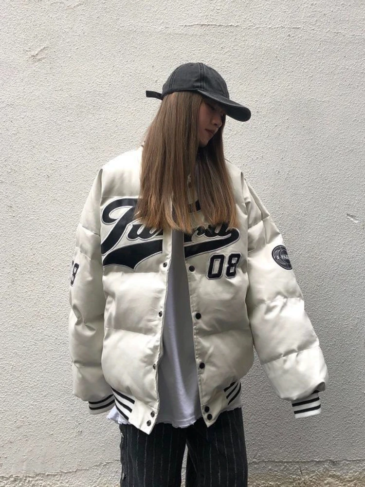 Fashion White PU Leather Letter Embroidered Jacket for Women 2022 Autumn Winter Casual Loose Hip-hop Baseball Jacket Streetwear
