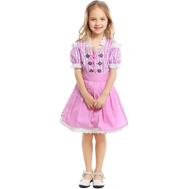 

Kid German Bavarian Traditional National Big Bowknot Dress Apron 2Pcs Set Munich Beer Festival Pink Grid Puff Sleeve Lace Dress