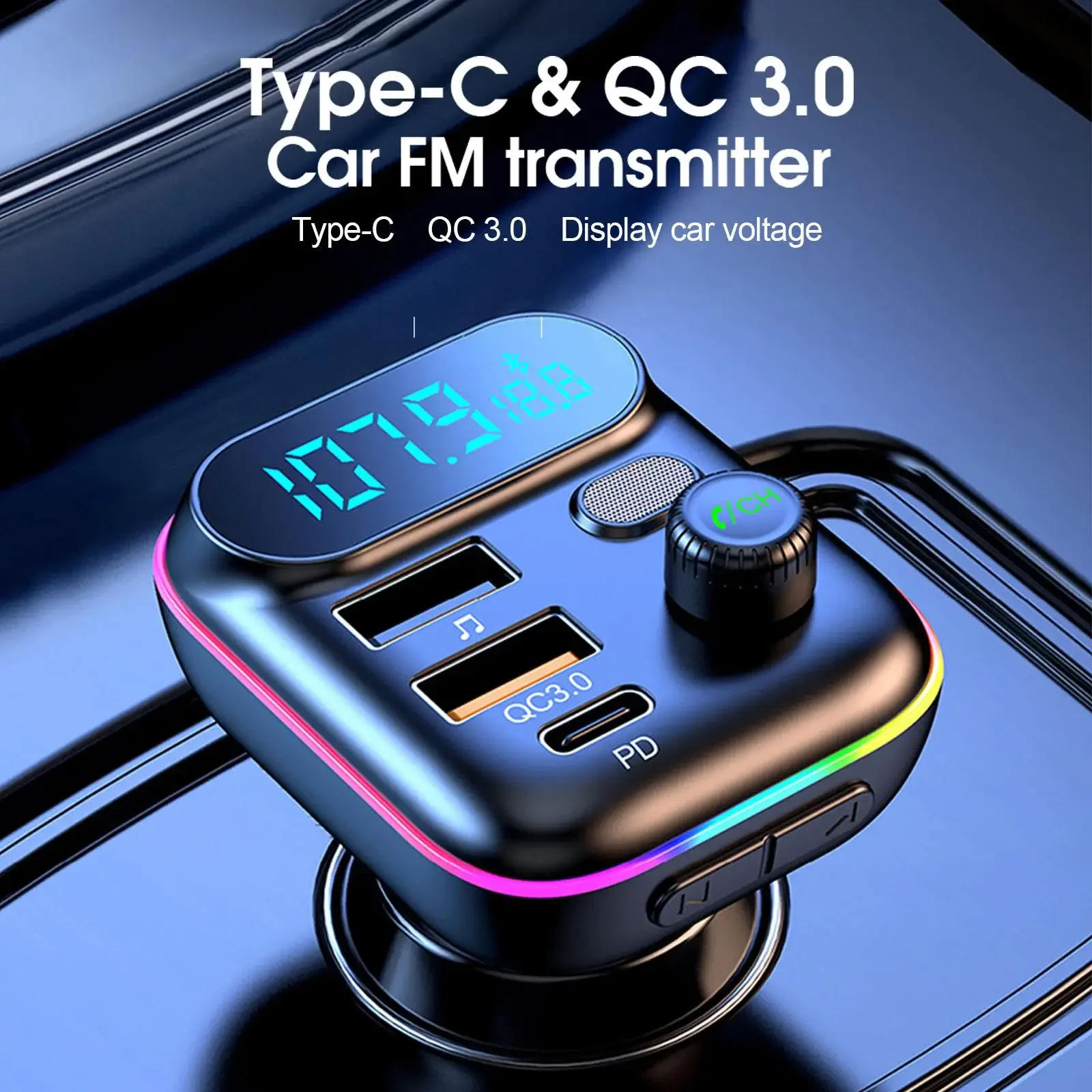 Фото Автомобильный PD 18 Вт QC3.0 с быстрой зарядкой Bluetooth 5,0, FM-передатчик, двойной плеер, музыка Type-C, красочный окружающий MP3-светильник, прикуриватель №1