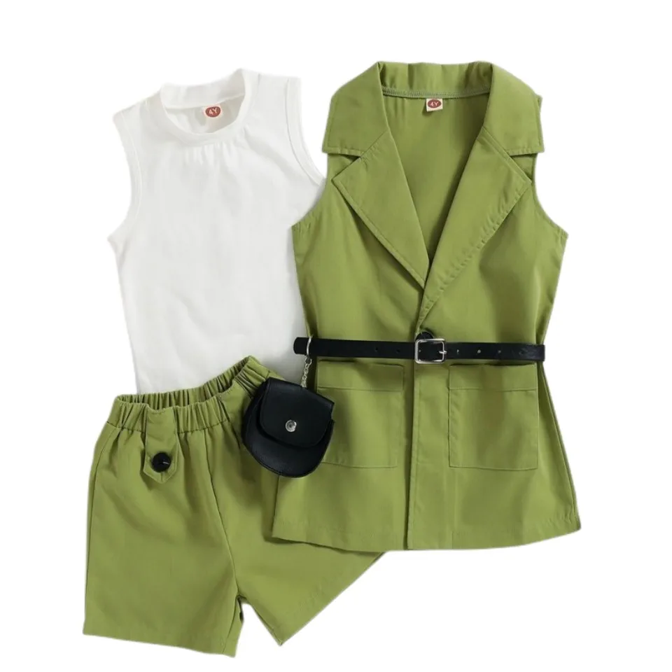 

New Summer Infant Girls 4pcs Clothes Set Children Spring Outfits Candy Color Suits Blazer Coat+Short+Vest+Waistbag Streetwear 7T