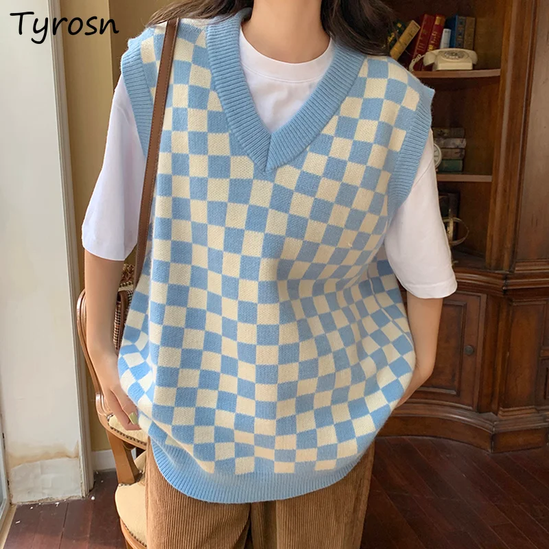 

Women Checkered Sweater Vests Vintage Preppy Femme All-match Casual Knitwear Bf Streetwear Jumpers V-neck Japan Style Aesthetic