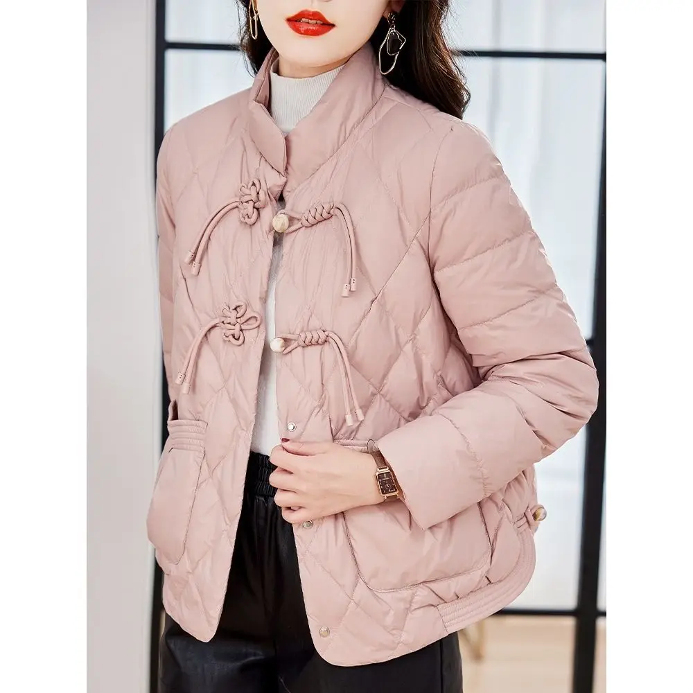 

Женский пуховик на белом утином пуху, однотонный пуховик с воротником-стойкой и бантом, T915, новинка сезона весна-осень 2023