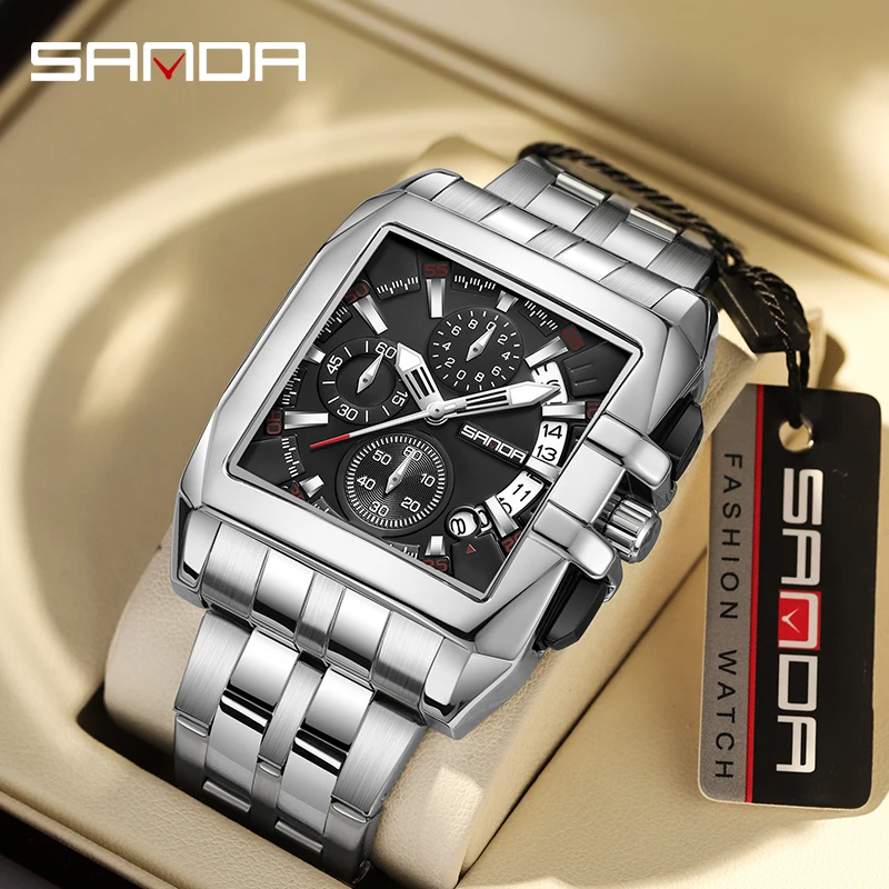 

SANDA Fashion Leisure Men Stainless Steel Watch Luxury Quartz Watch Calendar Luminous Clock Multifunction Mens Business Watches
