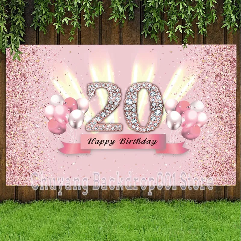 

Disney Pink 20th Photo Backdrop Girls Happy Birthday Party Custom Light Champagne Decoration Photography Backgrounds Banner