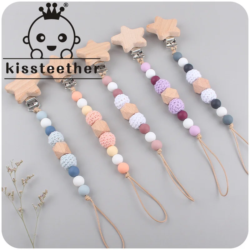 

Kissteether New 1pc Baby Products Star Beech Pacifier Clip Baby Creative Wood Star Anise Bite Silicone Molar Anti-Drop Chain Toy
