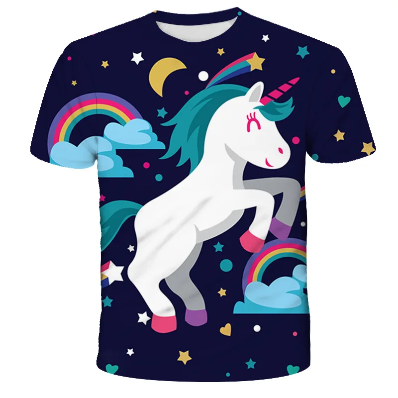 

Мультяшный Единорог милый аниме Радуга синяя лошадь модная футболка мальчик девочка 3d печать футболка Дети 2020 летний цвет верх
