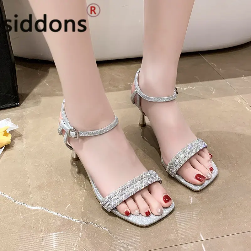 Roman One-word Buckle Square Head Open Toe Sandals Women's 2023 Summer New Sexy Rhinester High Heels Stiletto