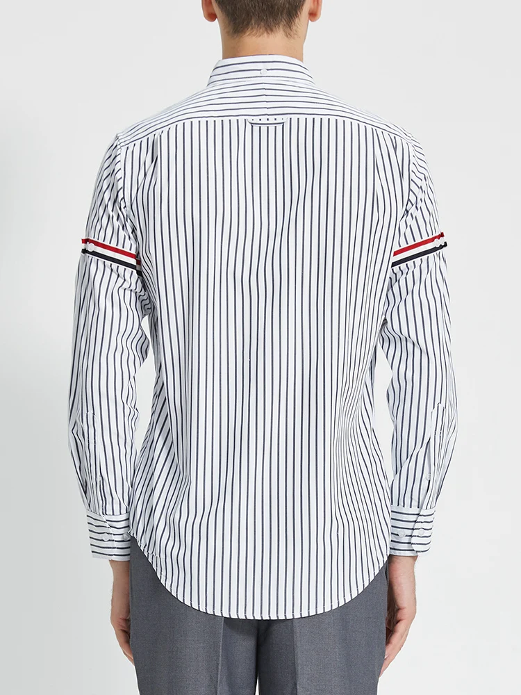 TB THOM Men's Shirt Clothing Summer Top Fashion Brand Striped Armband Slim Casual  Poplin Fine Cotton Long Sleeve Women's Shirts