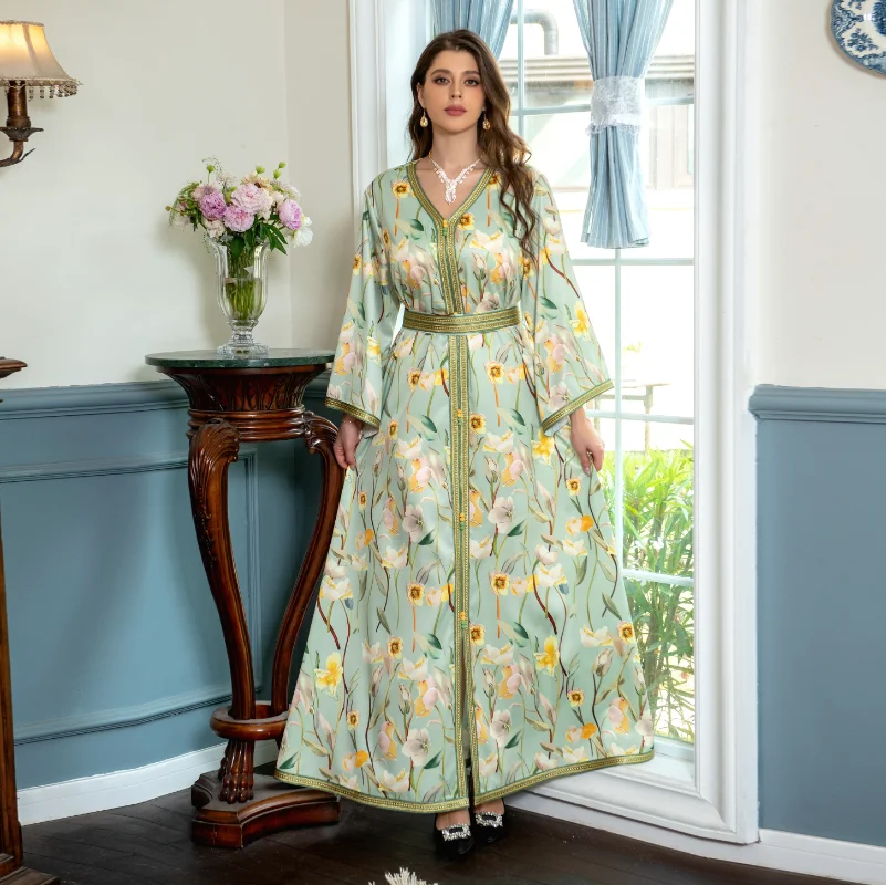 Jalabiyas Ramadan 2023 Kuwaiti Elegant Casual Ladies Dresses V-Neck Lace Tape Belted Kaftan French Retro Floral Print Maxi Dress