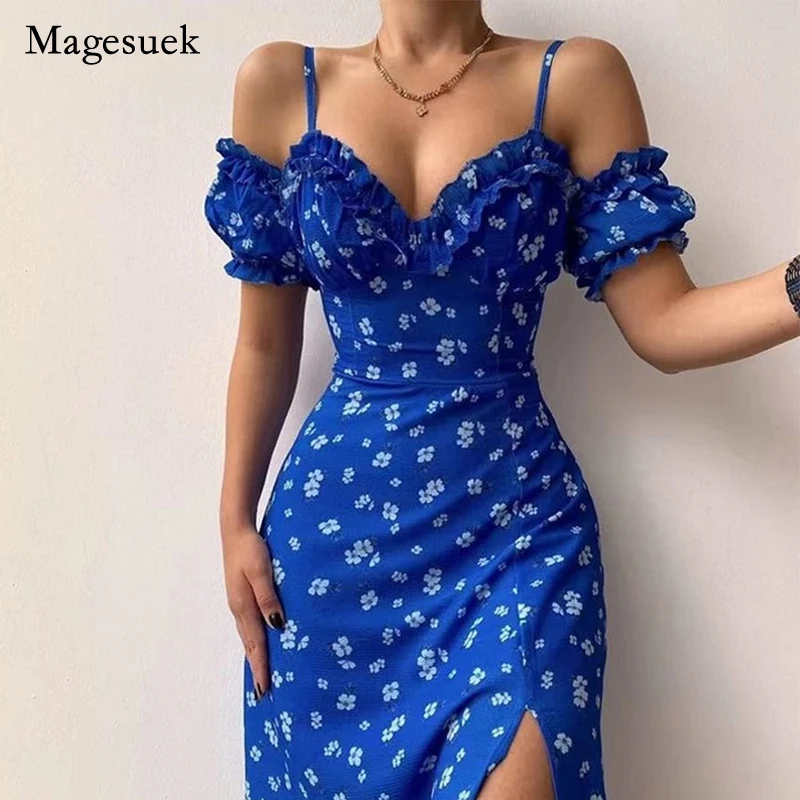 

Sexy Sling Ruffle Strapless Slit Party Dress Women Summer Elegant Off Shoulder V Neck Long Dress Spring Floral Print Slim Dress