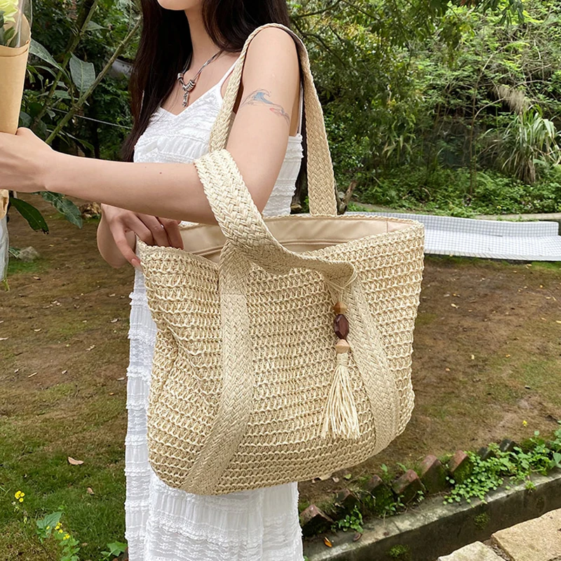 High Capacity Large Summer Beach Straw Bags Tassels Simple Luxury Brand Fashion Travel Ladies Shoulder Handbags Top Handle Totes