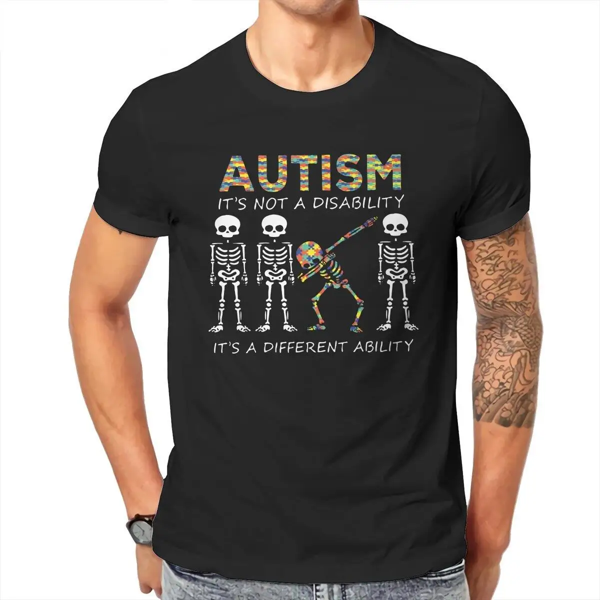 

Men Autism It's A Different Ability Dabbing Skeleton T Shirt Cotton Tops Vintage Short Sleeve Crewneck Tees Unique T-Shirts