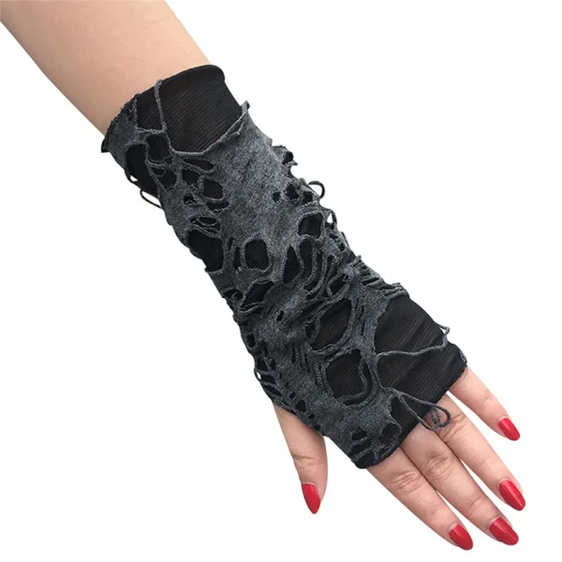 

1Pair Sexy Gothic Fingerless Gloves Halloween Gloves Funny Punk Rock Gloves Black Ripped Holes Decor Cosplay Gloves For Adults