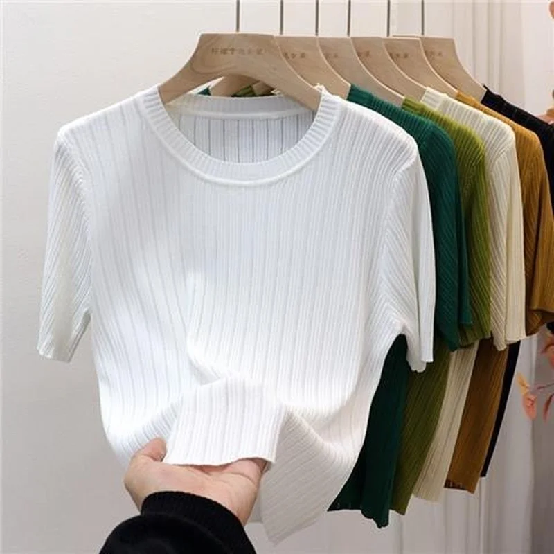 

Вязаная тонкая Однотонная футболка с коротким рукавом и круглым вырезом, женские топы, новинка, вязаная Корейская Повседневная рубашка из л...