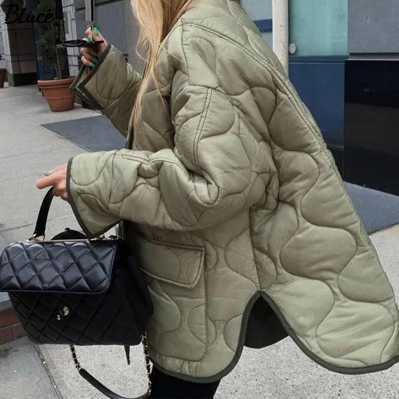 

2021 Women Army Green Winter Quilted Parkas Female Casual Long Sleeve Pocket Single Breasted Curved Hem Jacket Coat