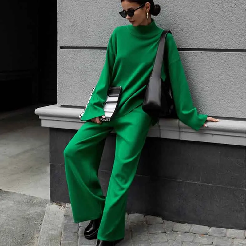 Women Warm Turtleneck Knitted Two Piece Sets Loose Cashmere Pullovers and Wide Legs Pants Suit 2022 Autumn Winter Ladies Outfits