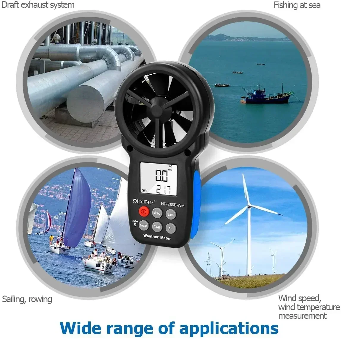 Анемометр HoldPeak HP-866B-WM Измеритель скорости ветра Цифровой датчик Чашка Anemometro 30 м/с