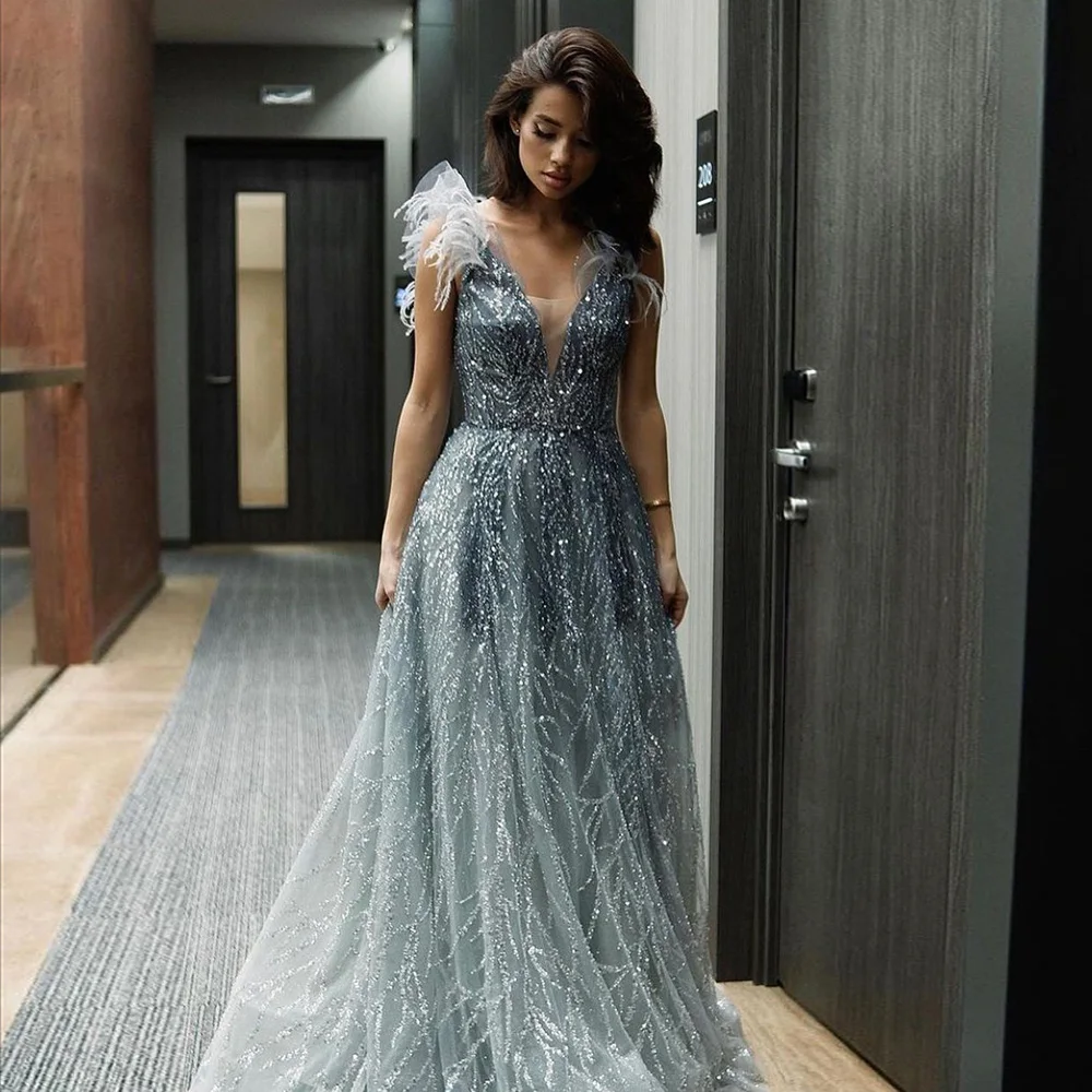 

Sharon Said Luxury Dubai Feathers Evening Dresses 2022 Sexy V-Neck Beaded Blue Long Formal Party Gowns For Women Wedding SS335