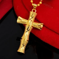 bamboo cross pendant with wave chain for women men girl yellow gold color classic fashion jewelry