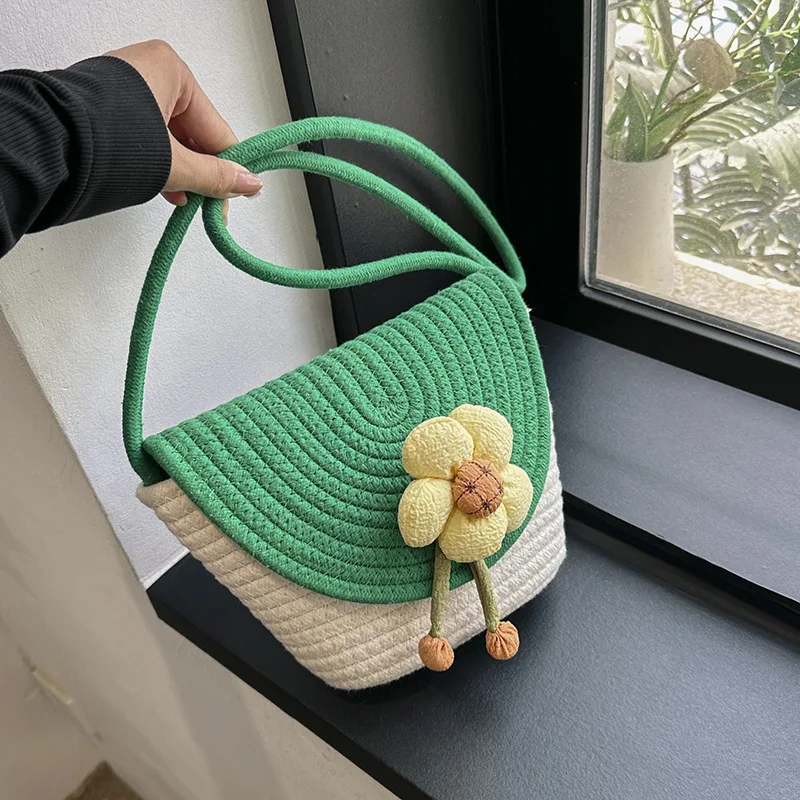 

New Beach Small Crossbody Bag for Girls Summer Cotton Rope Woven Shoulder Bag Women Knitting Handbag Japanese Style Bucket Bag