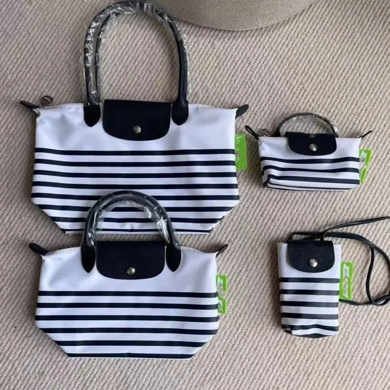 

2023 New Longxiang Women's Bag Crossbody Bag Navy Blue Stripe Long Handle Large Shoulder Bag Short Handle Small Handbag