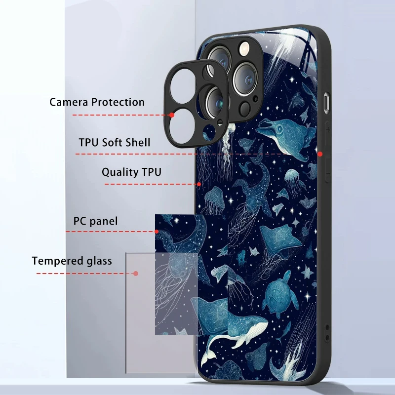 Cartoon Ocean Whale Shark Swimming Phone Case for IPhone 16 Pro Max 15 14 13 12 Mini 11 XS 7 8 14Plus Cover Tempered Glass Cases