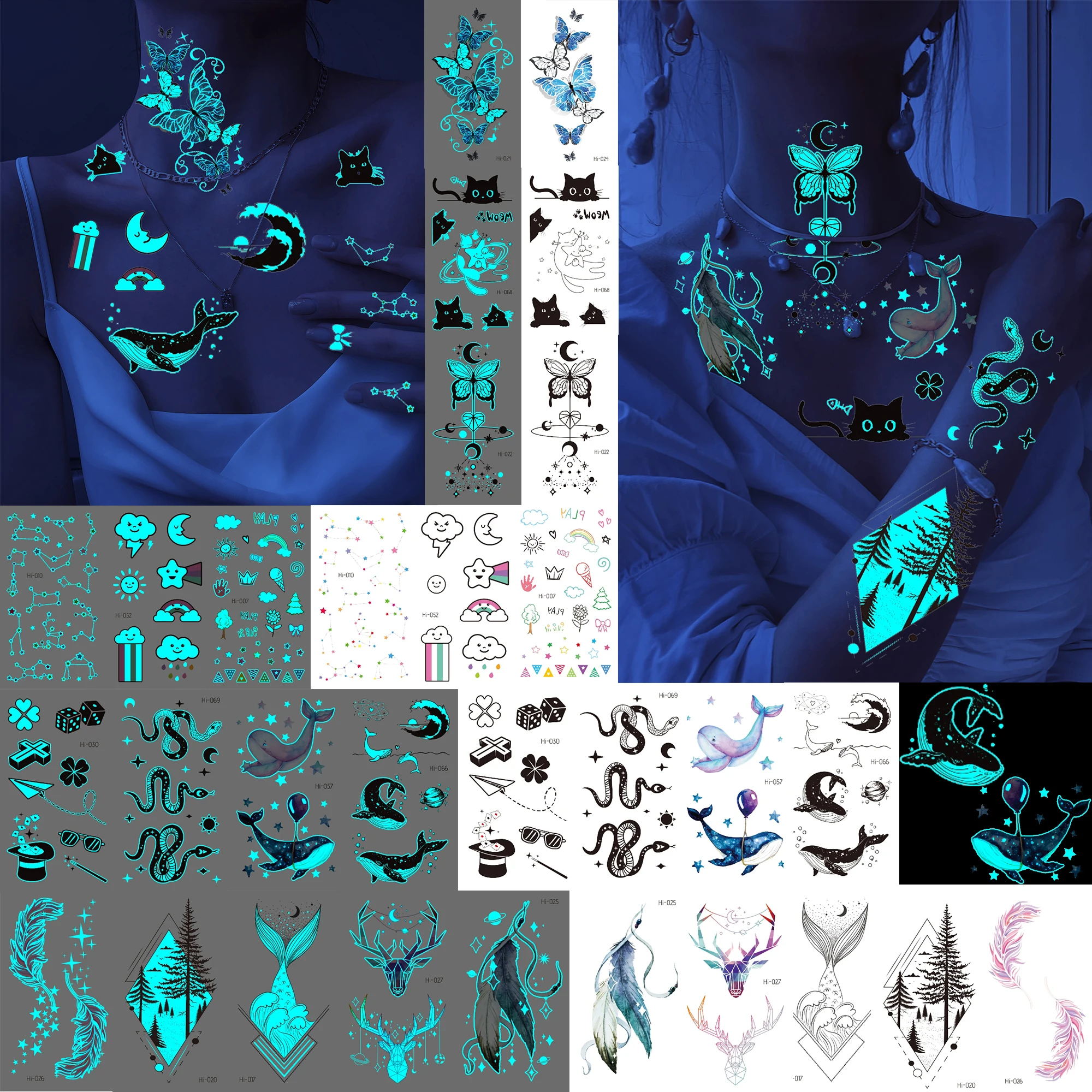 

Blue Glowing Butterfly Sea Waves Temporary Tattoos For Women Men Glow In The Dark Glitter Feather Fake Tattoo Sticker Luminous