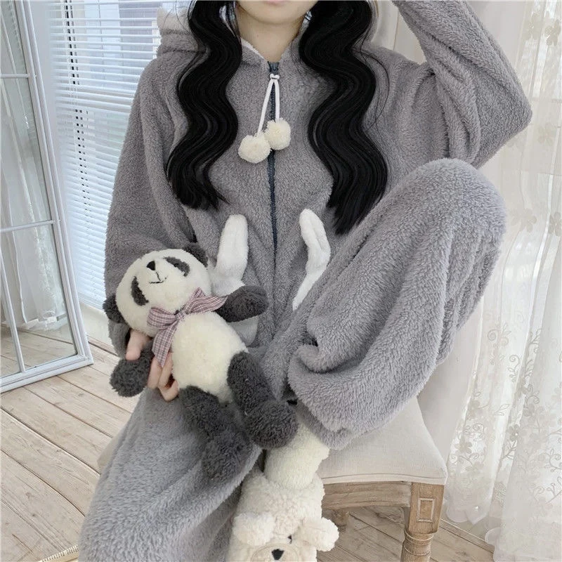 QWEEK Bunny Hooded Onesies Women Kigurumi Pajamas Cute Pijama Winter Warm Sleepwear Kawaii Female Set with Pants Long Sleeve |