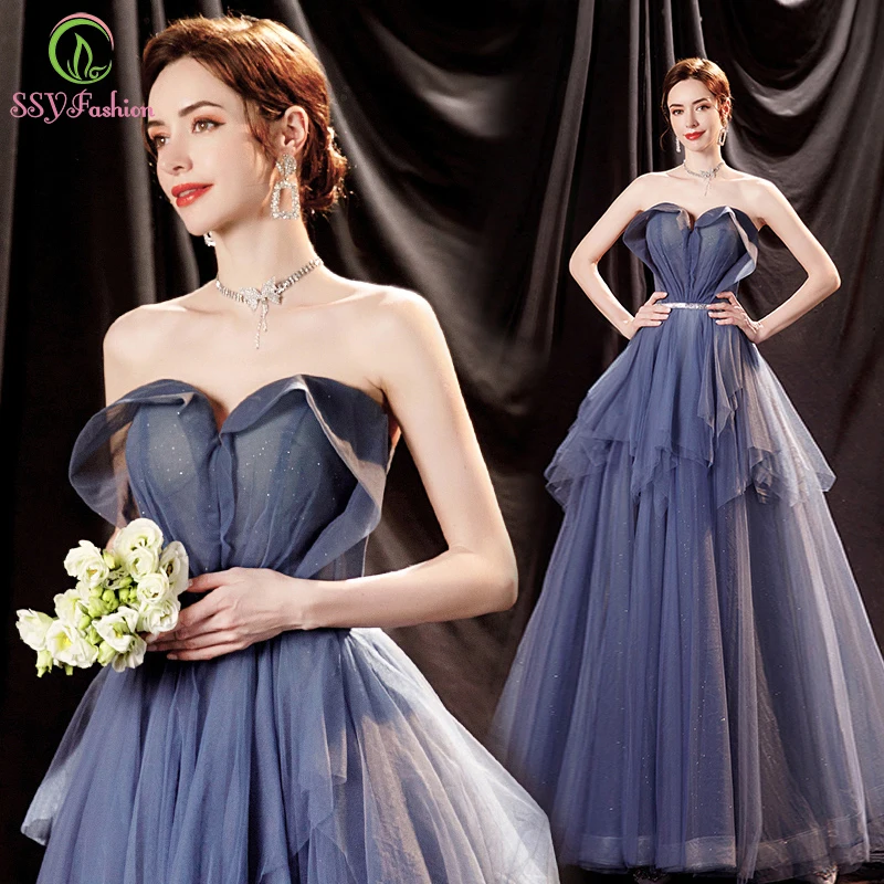 

SSYFashion New Sexy Blue Evening Dress for Women Sweetheart A-line Floor-length Formal Party Gowns Vestidos De Noche