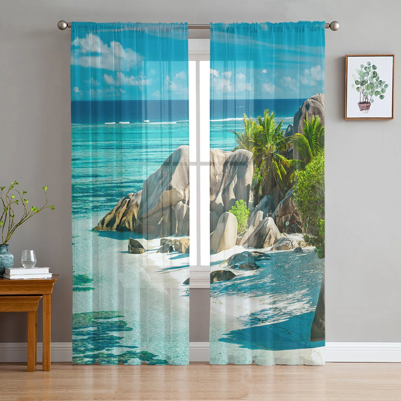 Beach Stones Sky Seaside Tulle Curtains For Living Room Bedroom Kitchen Decoration Chiffon Sheer Voile Window Curtains Drape