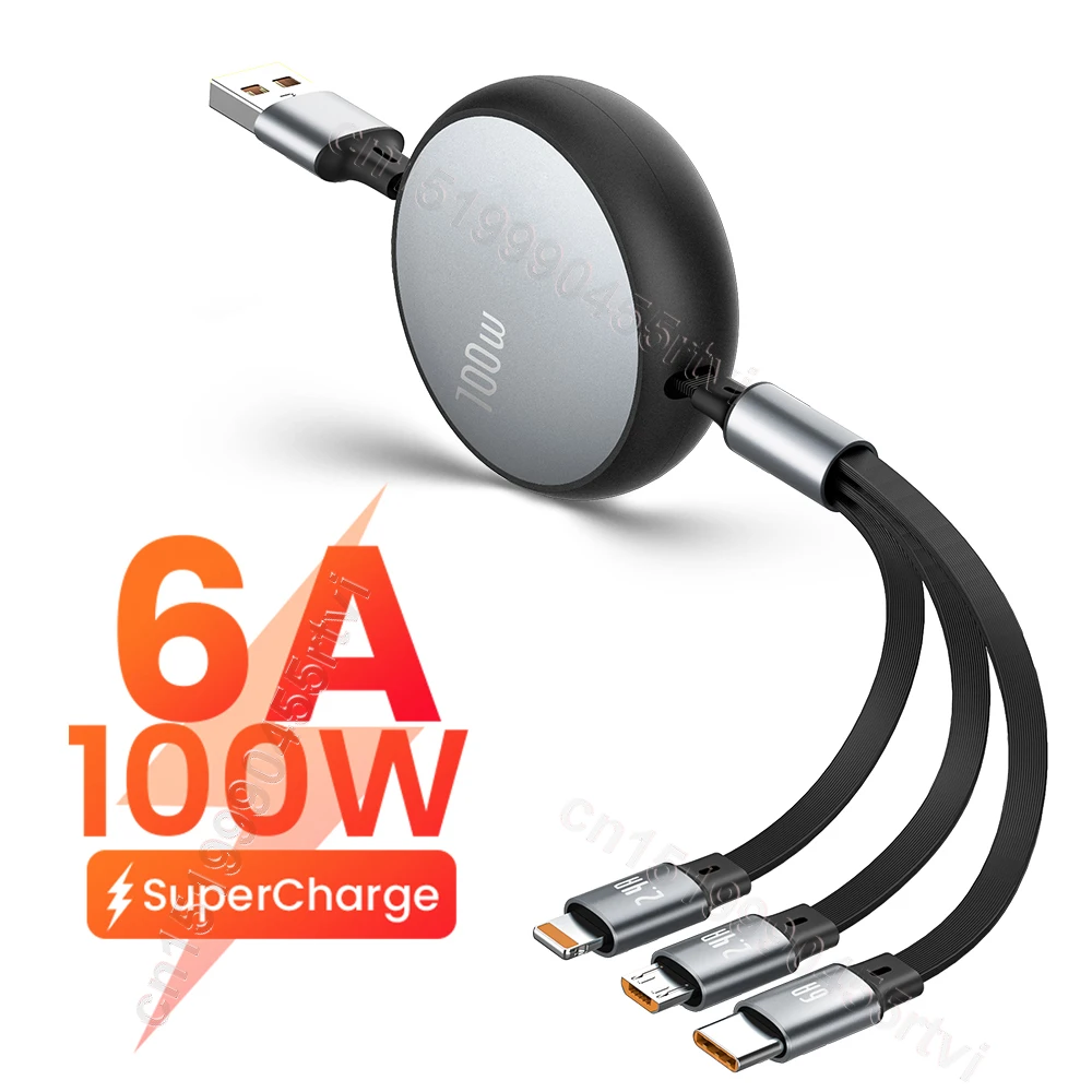 

6A 100W 3in1 2in1 Fast USB Cable for Huawei/Honor Retractable Portable 3 in 1 Micro USB Type C Charger Cable For iPhone Samsung