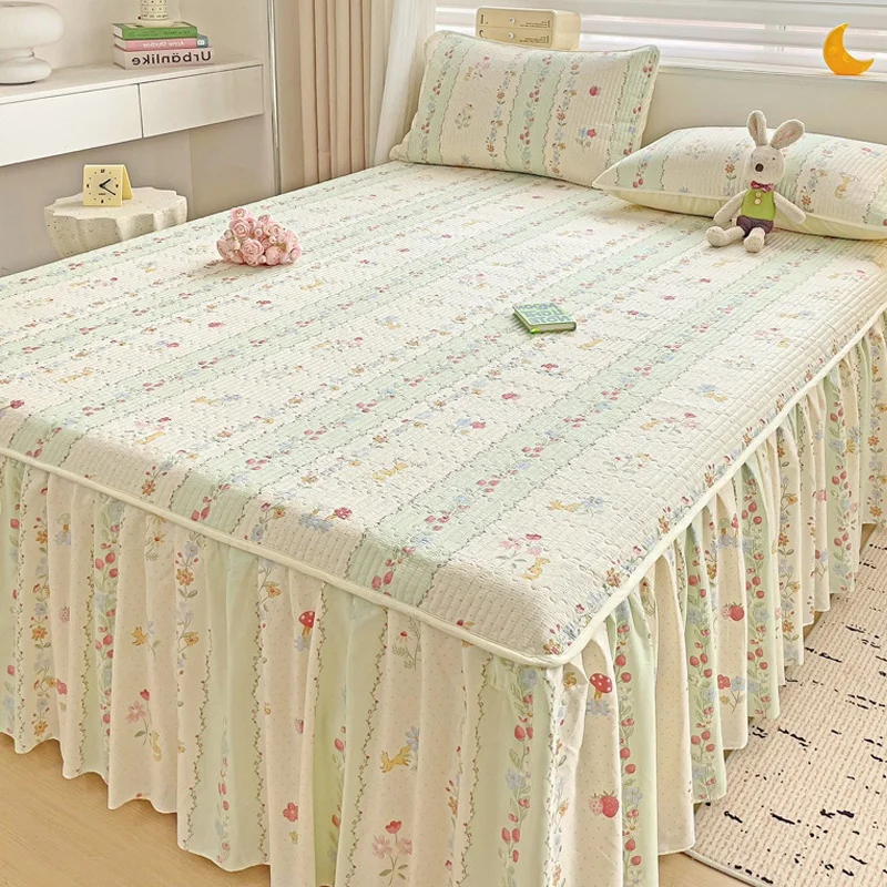 2024 New Cotton Quilted Bed Skirt Bedspread Single Pure Apron Cover Princess Sle Lace Three-Piece Set