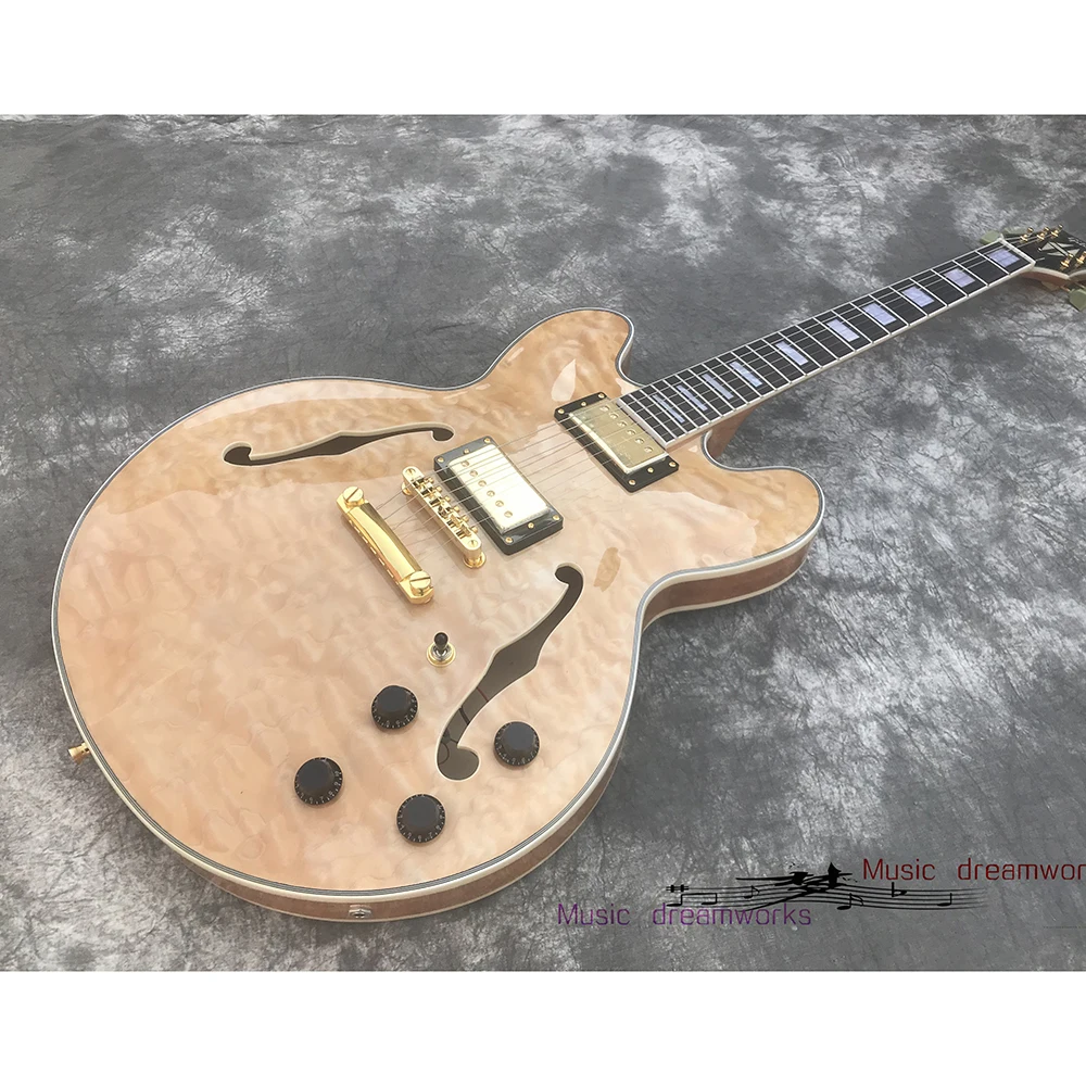 

Custom semi hollow double F-holes jazz electric guitar, Mahogany guitar body, Quilted maple wood veneer