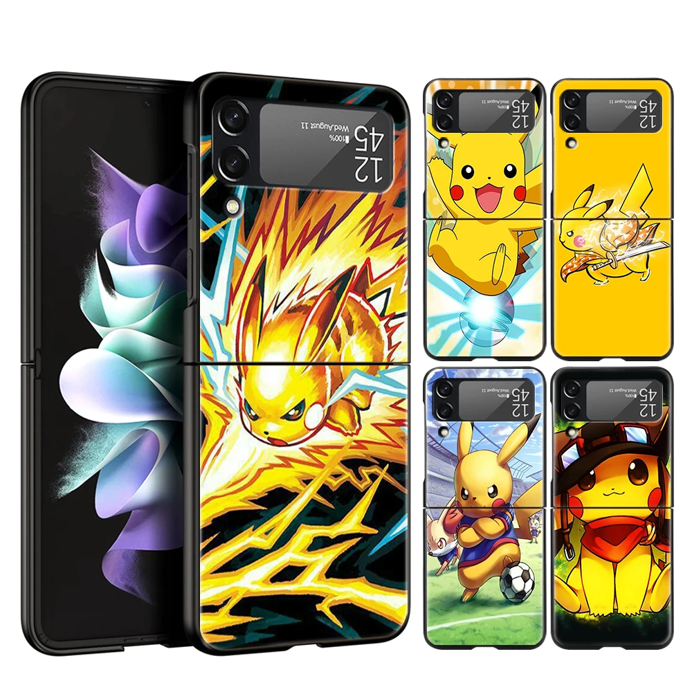 

Japanese Anime Pokemon Pikachu Phone Cover For Samsung Galaxy Z Flip Case Black For Samsung Z Flip 3 5G Hard PC Foldable Shell