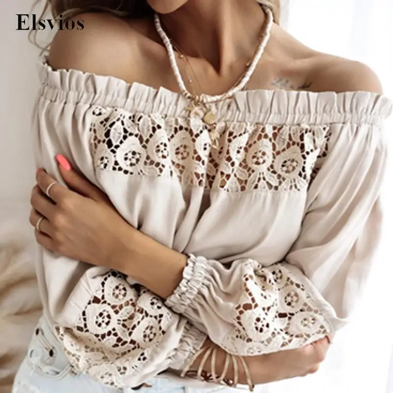 

Женская Кружевная футболка с вышивкой, элегантная повседневная футболка с вырезом лодочкой и оборками, пуловер с открытыми плечами
