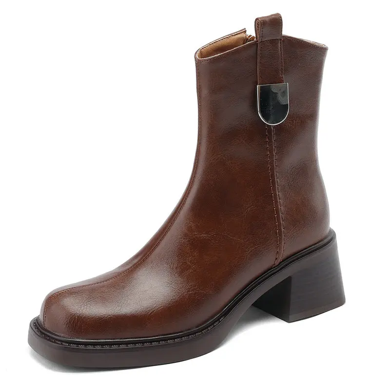 

2024 Women Ankle Boots Genuine Leather Square High Heel Casual Shoes Woman Autumn Winter Motorcycle Boots Size 34-41