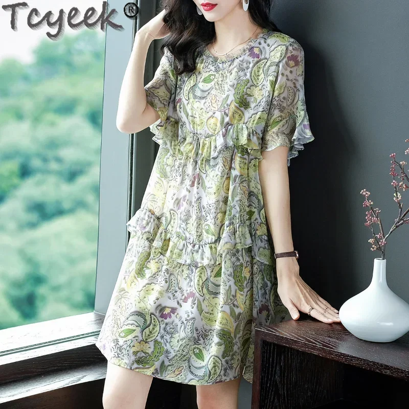 

2023 Summer Short Sleeve Dress Fashion 100% Mulberry Real Silk Womens Dresses Print Elegant Dresses for Women Clothing Vestidos