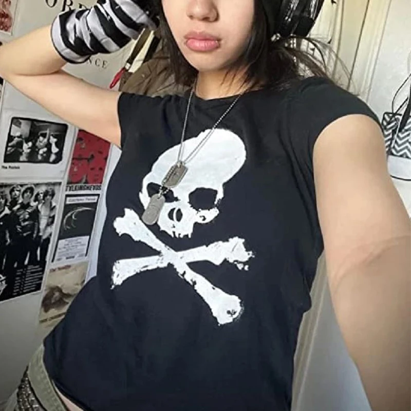 

Женская футболка с рисунком скелета, черная эстетичная футболка в стиле Харадзюку, Kpop 2022, новая летняя модная женская футболка Y2k