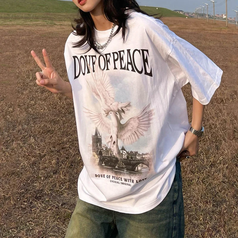 

Hip Hop Gothic 100% Cotton American Vintage Peace Dove Print T Shirt Women Men Tshirts 2022 Summer Plus Size Soft Goth Aesthetic