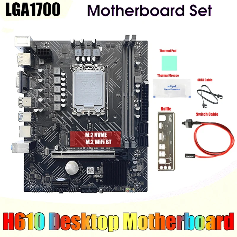 

H610 Gaming Motherboard+Baffle+Thermal Pad+Thermal Grease LGA1700 DDR4 Gigabit LAN For G6900 G7400 I3 12100 I5 12Th CPU