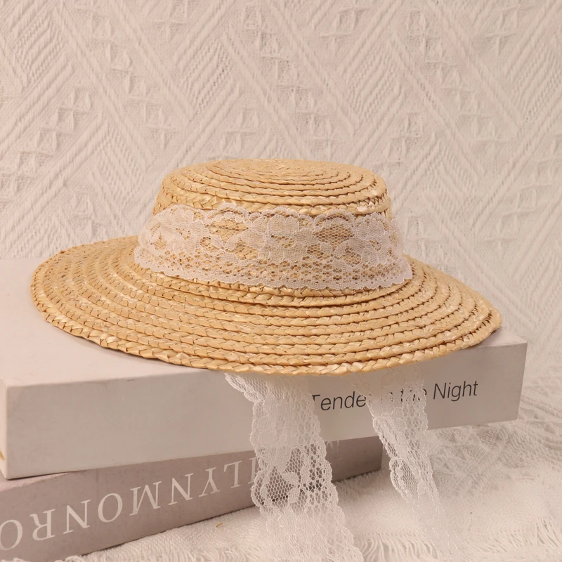 

Children Baby Girl Sunhats Small Lace Up Flat Top Outdoor Beach Holiday Summer Plaited Straw Hat Cap for Kids Decorative Props