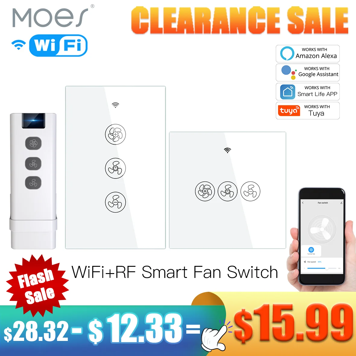 MOES WiFi RF433 Smart Ceiling Fan Switch Smart Life/Tuya App control Wireless Remote Control Works with Alexa and Google