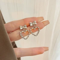 silver color bowknot zircon love heart drop earrings for women fashion light luxury y2k girls dangle earrings female jewelry