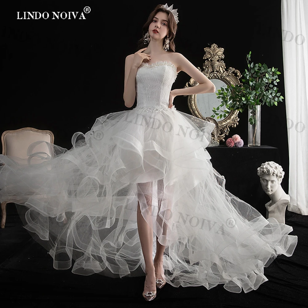 

Новинка 2023, свадебное платье LINDO NOIVA, короткое, спереди, длинное, сзади, без бретелек, со шлейфом, красивые свадебные платья на заказ