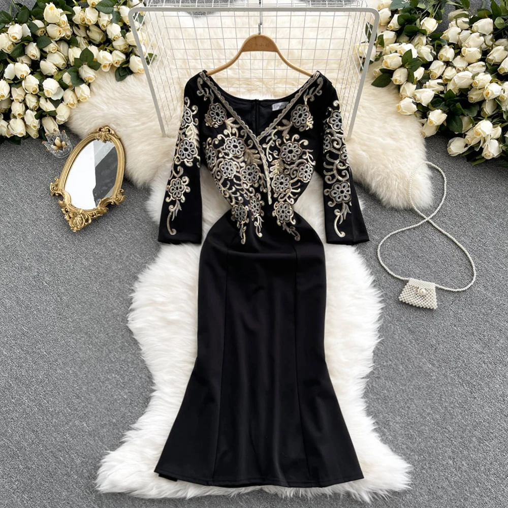 

D156 Women New Fashion Spring Autumn V-neck Evening Sequined Embroidery Fishtail Dress Vintage Elegant Clothes Vestidos