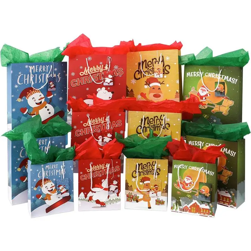 

12PCS Christmas Gift Bags Paper Gift Wrapping Bags Christmas Prints Treat Bags With Tags And Tissue Paper 4 Patterns 3 Sizes