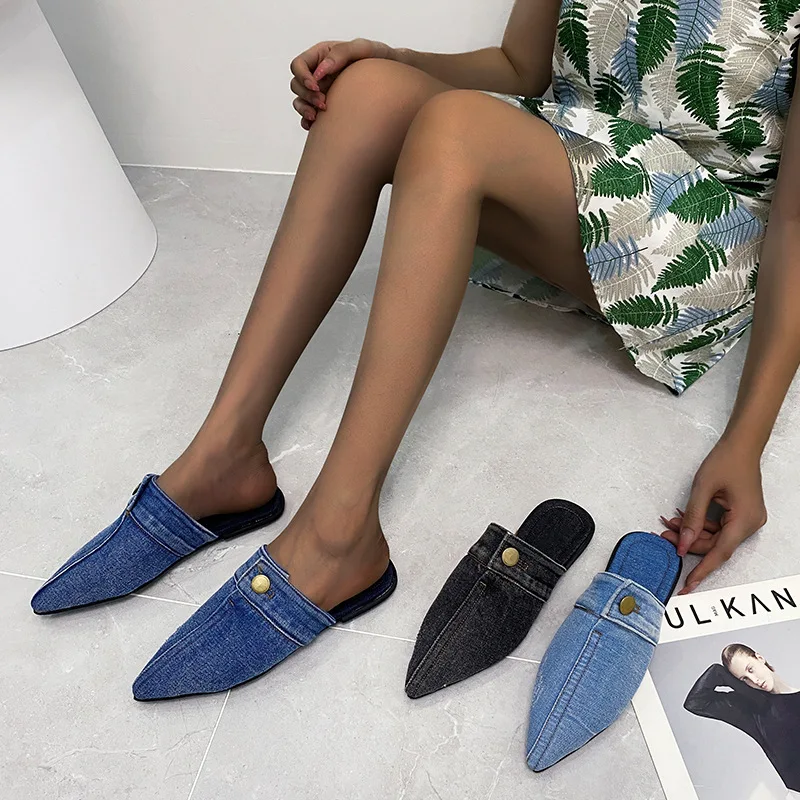 

Женские мюли большого размера 35-43, шлепанцы, дизайнерские модные шлепанцы, уличные повседневные мюли из искусственной кожи с острым носком, ...