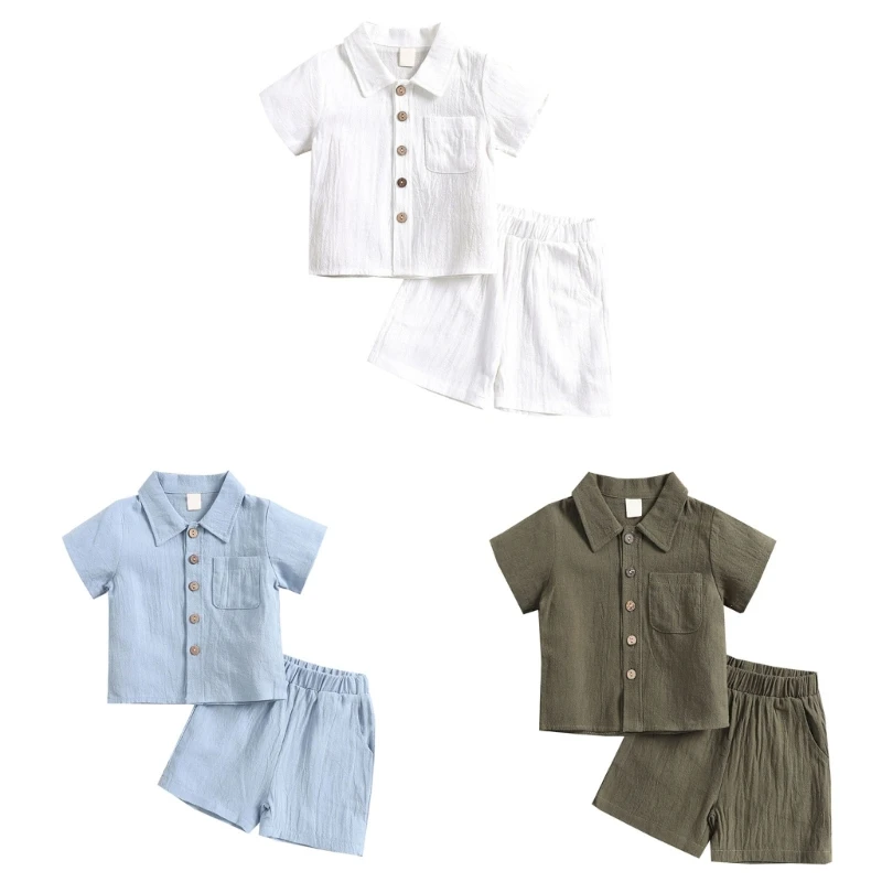 

2Pcs Little Boys Outfit Toddler Solid Color Single-breasted Linen Breathable