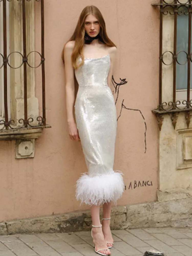 

2022 New Shinning Silver Sequines Women Off the Shoulder Bodycon Mid-calf Feathers Dress Celebrate Evening Party Outfit Vestido