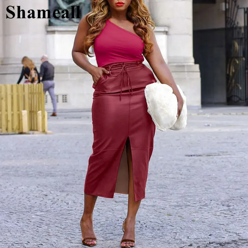 

Женская прямая юбка-карандаш из ПУ кожи, с разрезом спереди